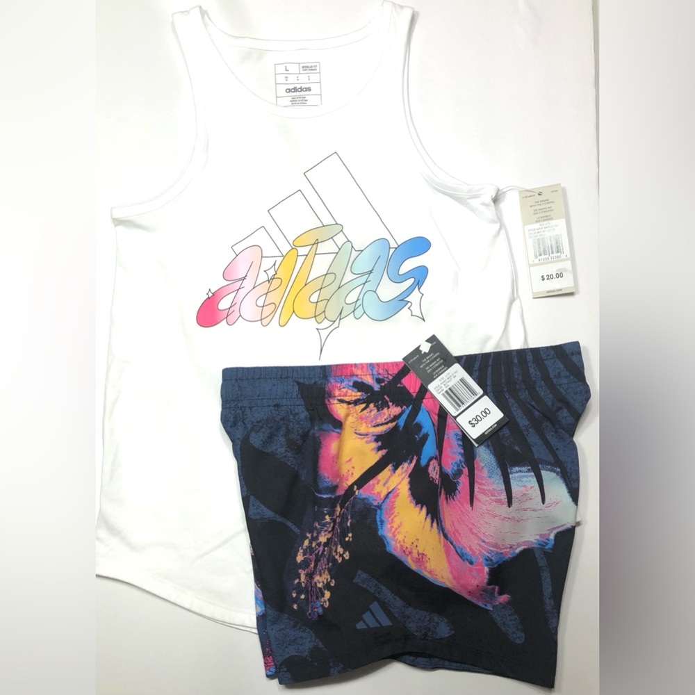 Girls 2 pc Set Tank Short Adidas Athletic Youth Sports Training Active Wear Top